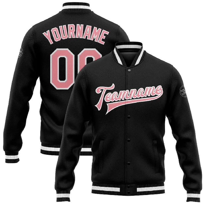 Fishing reel durable gear-Custom Black Medium Pink-White Bomber Full-Snap Varsity Letterman Jacket