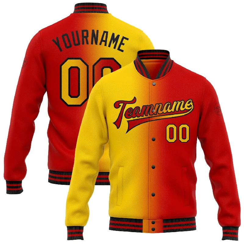 Fishing reel low control-Custom Red Yellow-Black Bomber Full-Snap Varsity Letterman Gradient Fashion Jacket