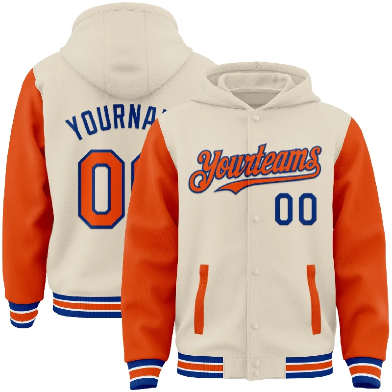 Fishing line spool power-Custom Cream Orange Royal-White Bomber Full-Snap Varsity Letterman Two Tone Hoodie Jacket