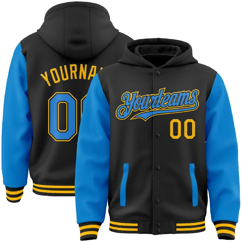 Fishing tackle carry tray-Custom Black Powder Blue-Gold Bomber Full-Snap Varsity Letterman Two Tone Hoodie Jacket