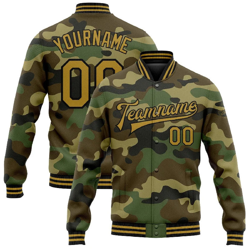 Fishing reel durable gear-Custom Camo Old Gold-Black Bomber Full-Snap Varsity Letterman Salute To Service Jacket