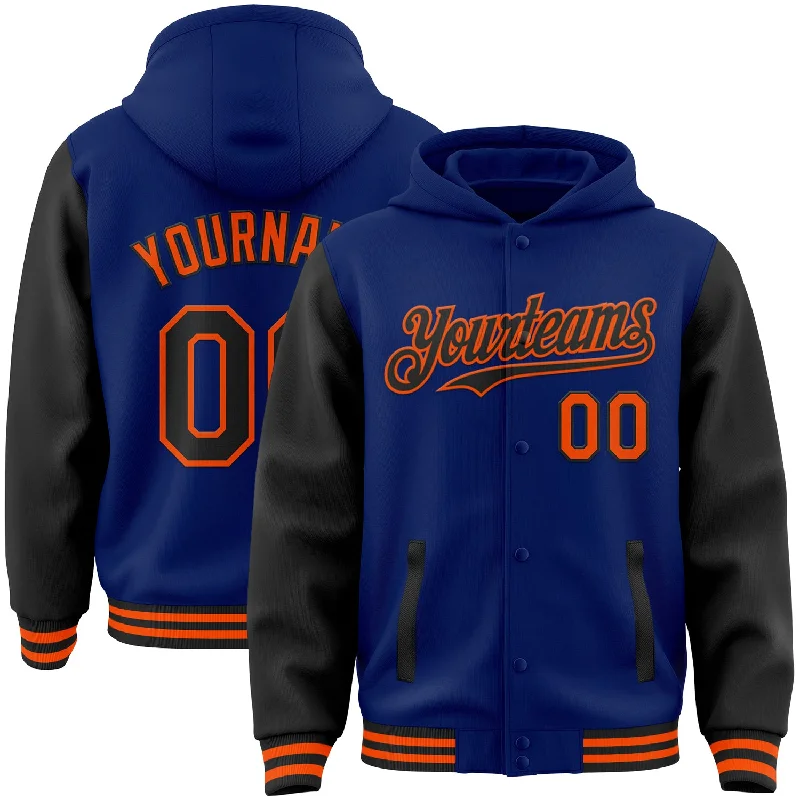 Fishing line high durability-Custom Royal Black-Orange Bomber Full-Snap Varsity Letterman Two Tone Hoodie Jacket