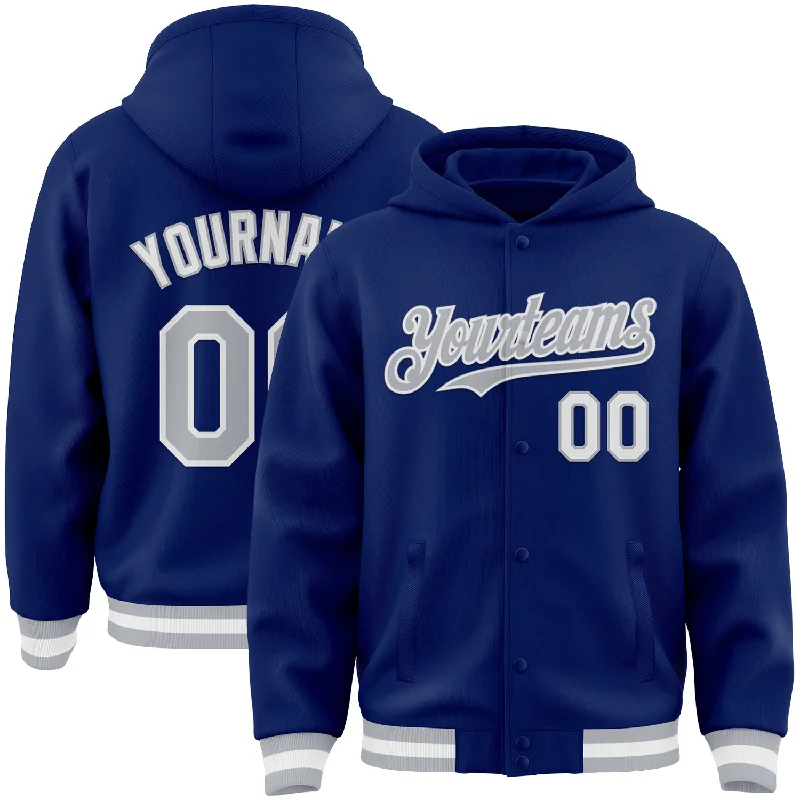 Tackle box with drawers-Custom Royal Gray-White Bomber Full-Snap Varsity Letterman Hoodie Jacket