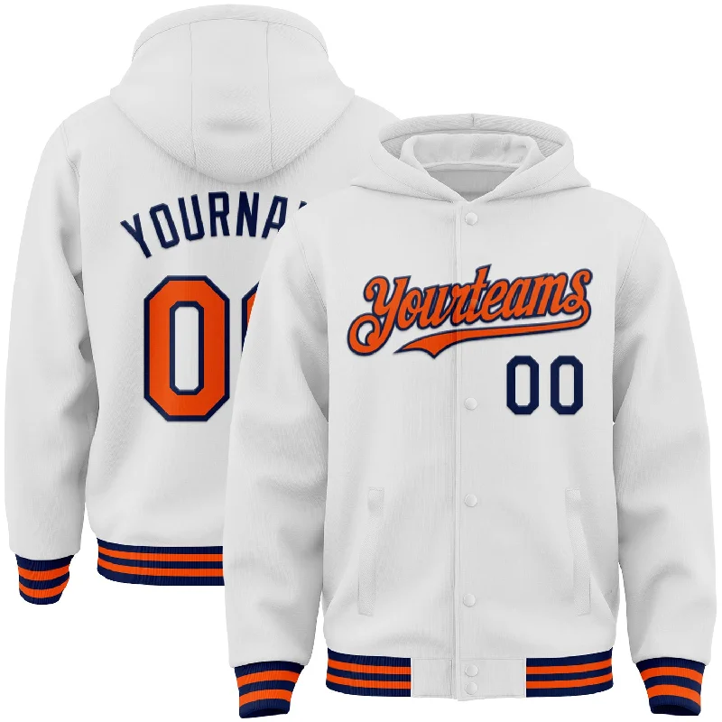 Fishing line knot power-Custom White Orange-Navy Bomber Full-Snap Varsity Letterman Hoodie Jacket