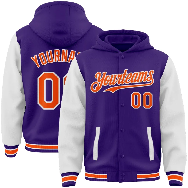 Fishing reel high gear-Custom Purple Orange-White Bomber Full-Snap Varsity Letterman Two Tone Hoodie Jacket