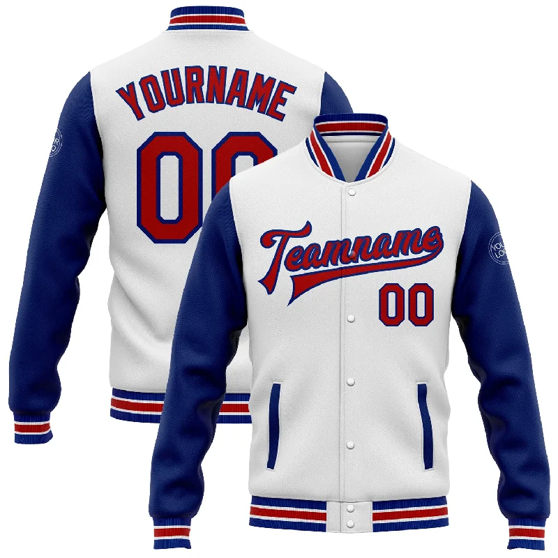 Fishing line knot hold-Custom White Red-Royal Bomber Full-Snap Varsity Letterman Two Tone Jacket