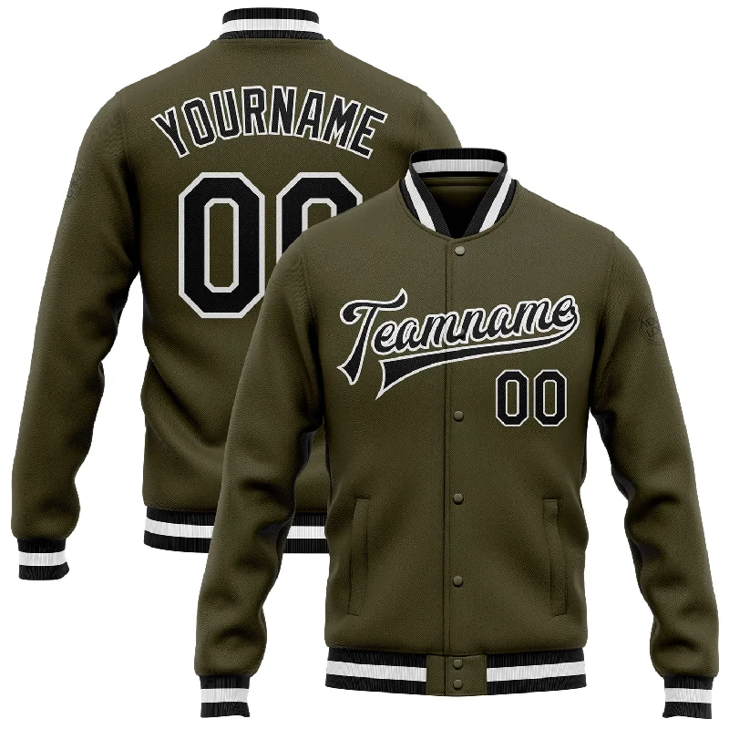 Fishing line smooth steady-Custom Olive Black-White Bomber Full-Snap Varsity Letterman Salute To Service Jacket