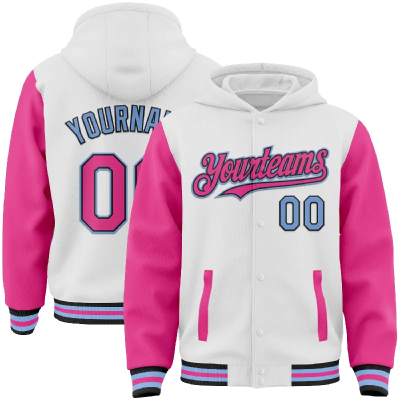 Fishing tackle utility bag-Custom White Pink Black-Light Blue Bomber Full-Snap Varsity Letterman Two Tone Hoodie Jacket