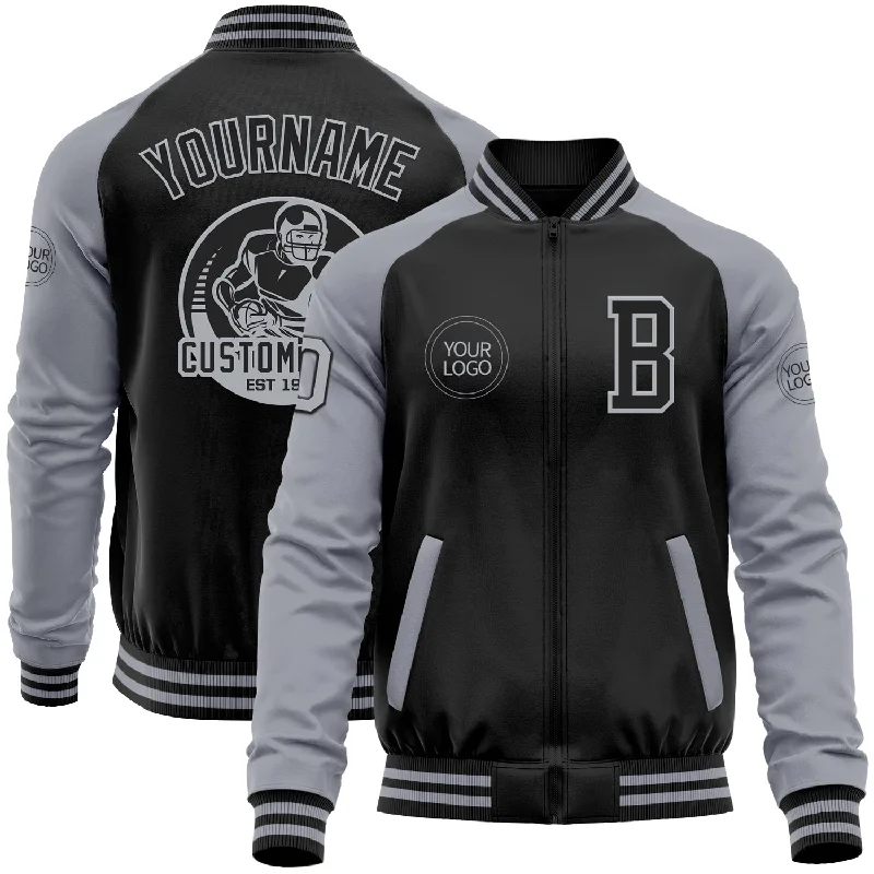 Fishing rod lightweight mount-Custom Black Gray Bomber Varsity Letterman Two Tone Zipper Jacket