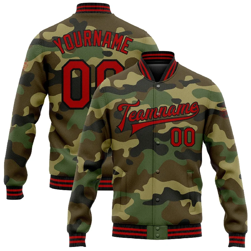 Fishing rod shore holder-Custom Camo Red-Black Bomber Full-Snap Varsity Letterman Salute To Service Jacket