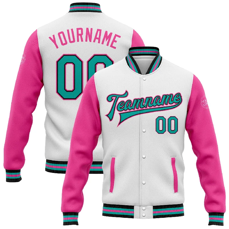 Fishing line high durability-Custom White Aqua Black-Pink Bomber Full-Snap Varsity Letterman Two Tone Jacket