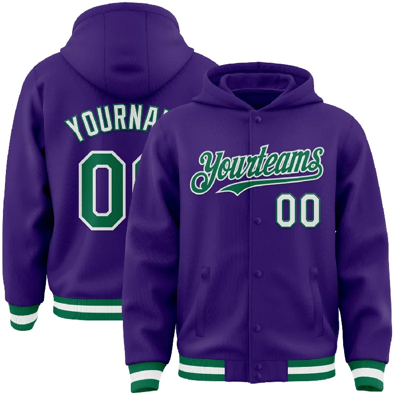 Fishing line fast action-Custom Purple Kelly Green-White Bomber Full-Snap Varsity Letterman Hoodie Jacket