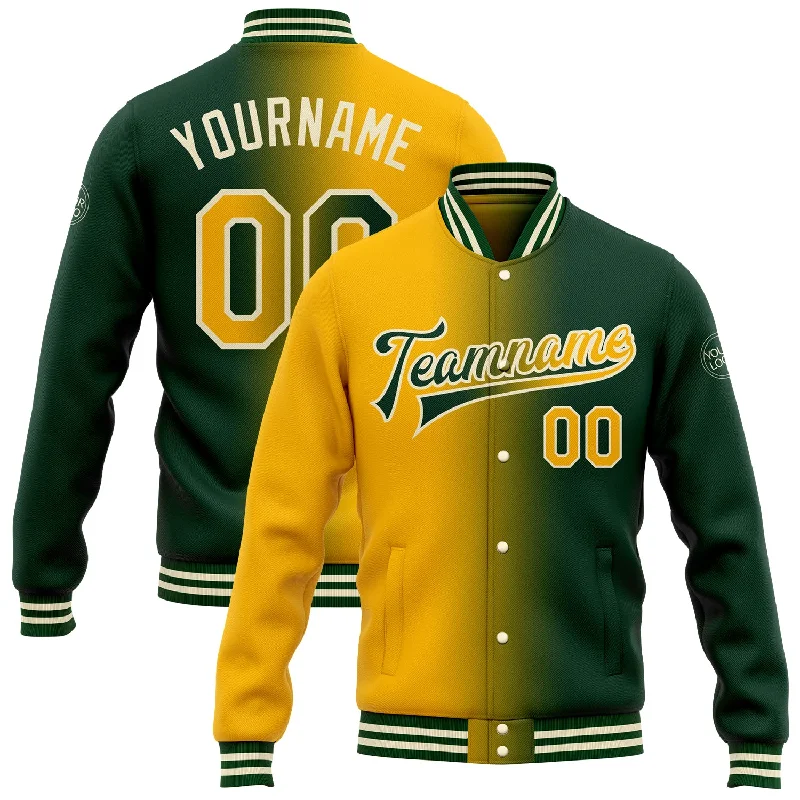 Fishing line fast action-Custom Green Gold-Cream Bomber Full-Snap Varsity Letterman Gradient Fashion Jacket