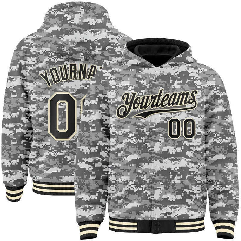 Fishing hook quick hook-Custom Camo Black-Cream 3D Bomber Full-Snap Varsity Letterman Salute To Service Hoodie Jacket