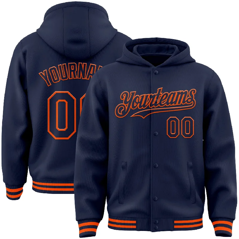 Fishing line shock absorber-Custom Navy Orange Bomber Full-Snap Varsity Letterman Hoodie Jacket