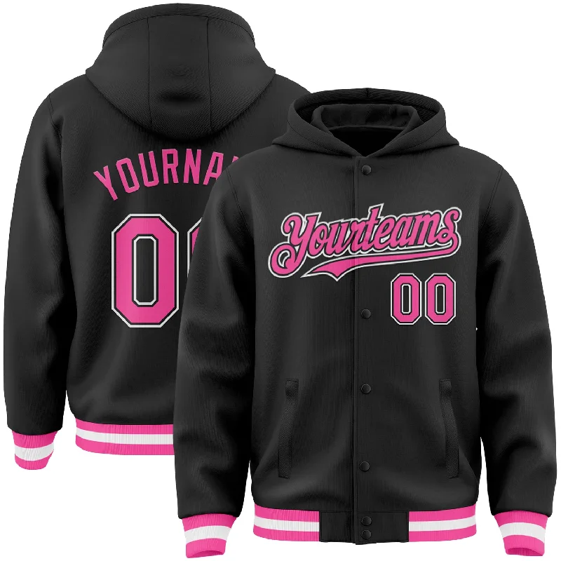 Fishing line knot power-Custom Black Pink-White Bomber Full-Snap Varsity Letterman Hoodie Jacket