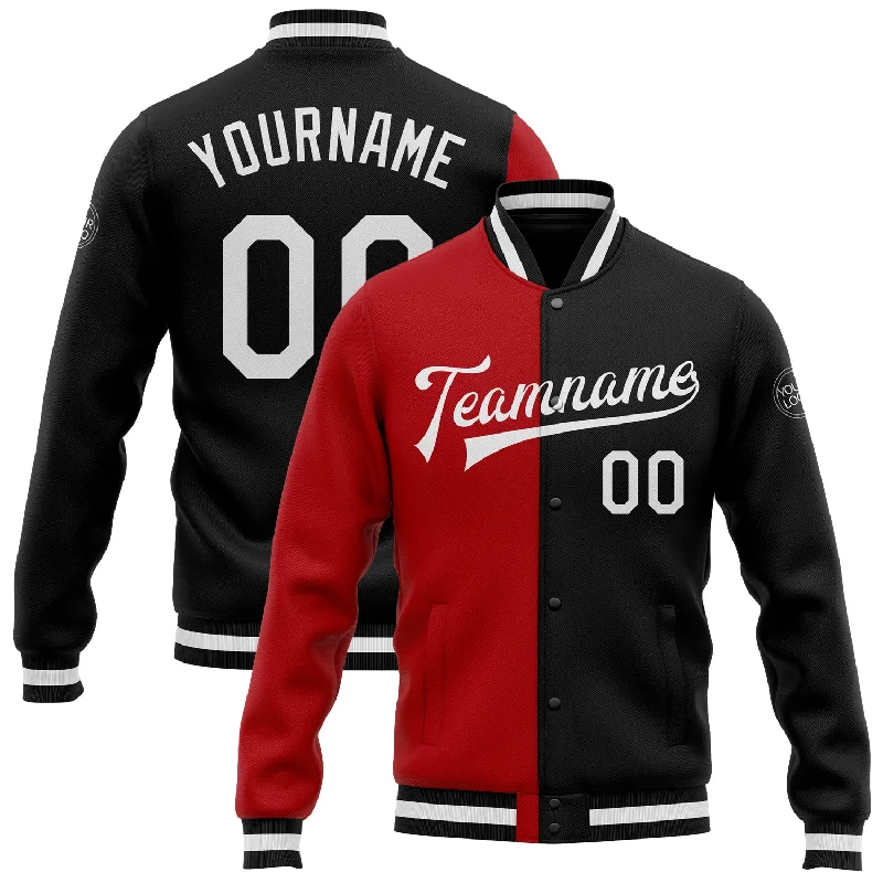 Fishing tackle multi-pocket-Custom Black White-Red Bomber Full-Snap Varsity Letterman Split Fashion Jacket