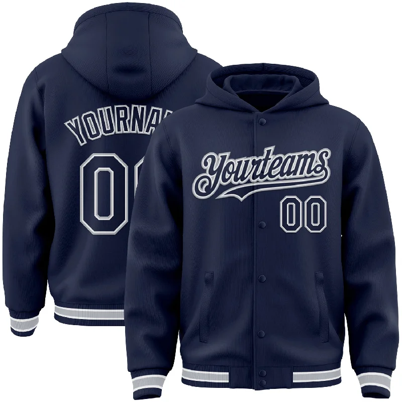 Fishing line high knot strength-Custom Navy White-Gray Bomber Full-Snap Varsity Letterman Hoodie Jacket