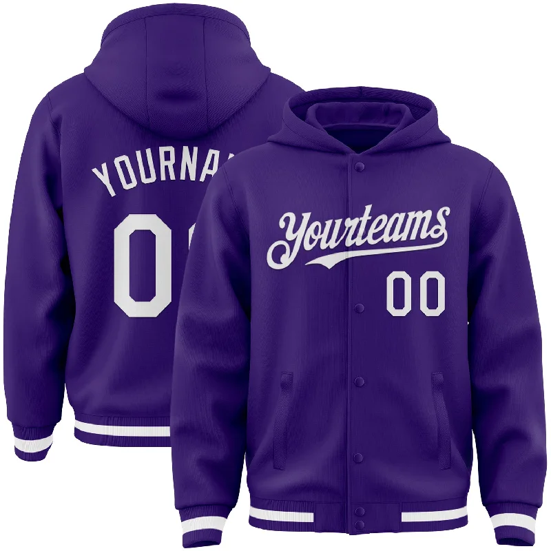 Fishing rod kayak mount-Custom Purple White Bomber Full-Snap Varsity Letterman Hoodie Jacket