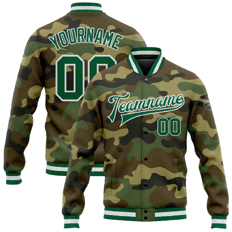 Fishing reel balanced control-Custom Camo Kelly Green-White Bomber Full-Snap Varsity Letterman Salute To Service Jacket