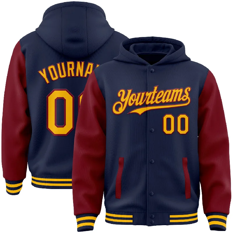 Fishing reel fast spool-Custom Navy Gold-Crimson Bomber Full-Snap Varsity Letterman Two Tone Hoodie Jacket