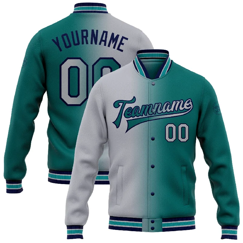 Fishing line smooth steady-Custom Teal Gray-Navy Bomber Full-Snap Varsity Letterman Gradient Fashion Jacket