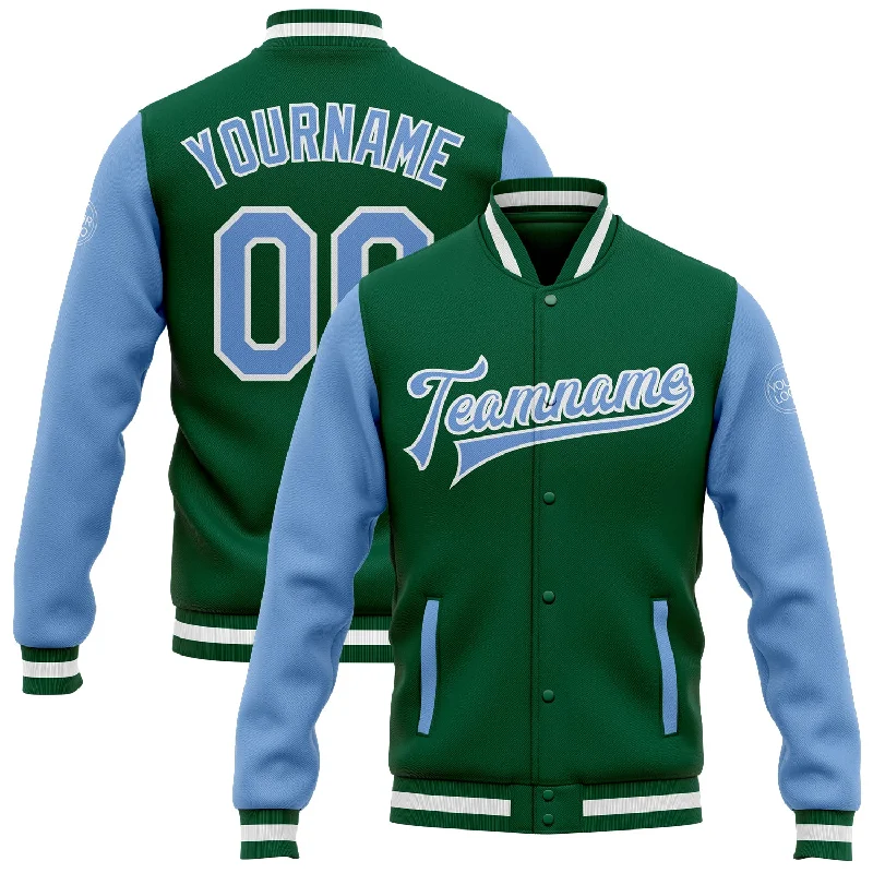 Fishing bait scent pouch-Custom Kelly Green Light Blue-White Bomber Full-Snap Varsity Letterman Two Tone Jacket