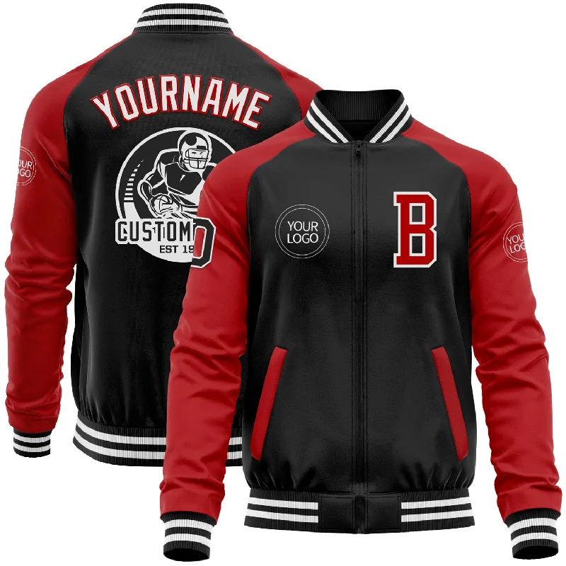 Fishing line low tension-Custom Black Red-White Bomber Varsity Letterman Two Tone Zipper Jacket