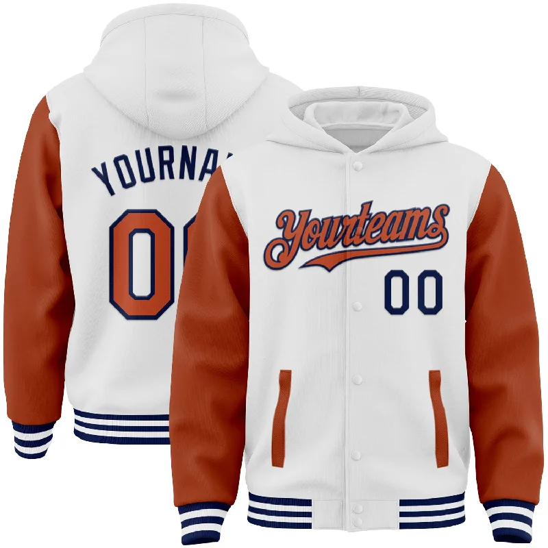 Fishing hook durable shank-Custom White Texas Orange-Navy Bomber Full-Snap Varsity Letterman Two Tone Hoodie Jacket