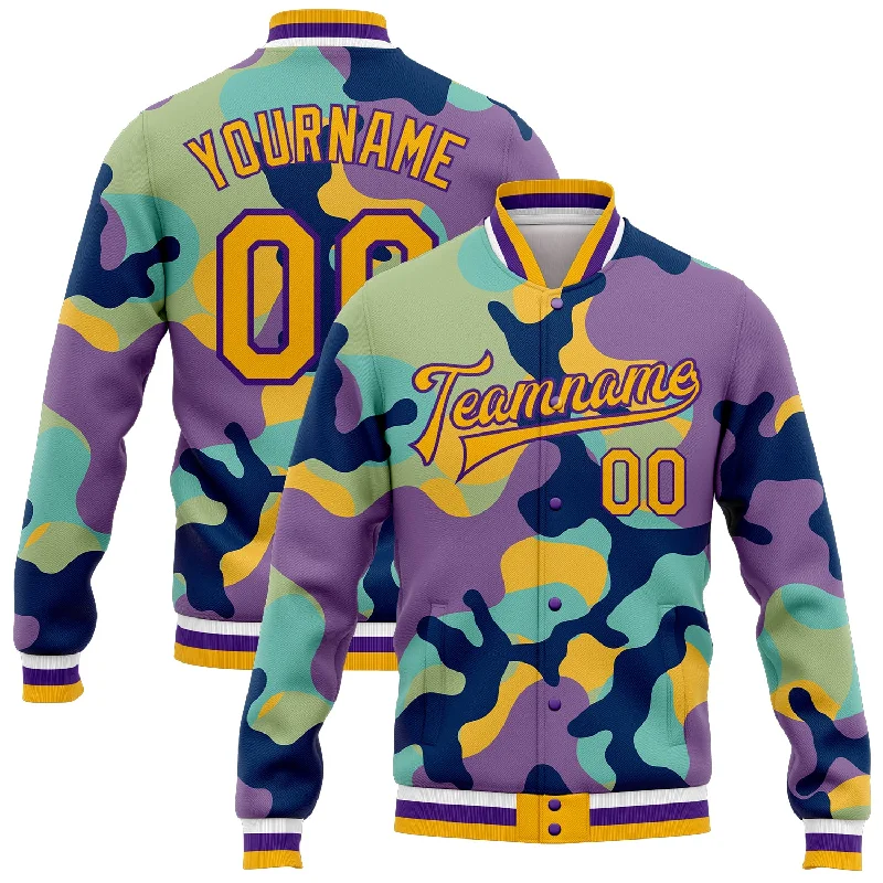 Fishing line quick spool-Custom Camo Gold-Purple Fluorescent Camouflage 3D Bomber Full-Snap Varsity Letterman Salute To Service Jacket