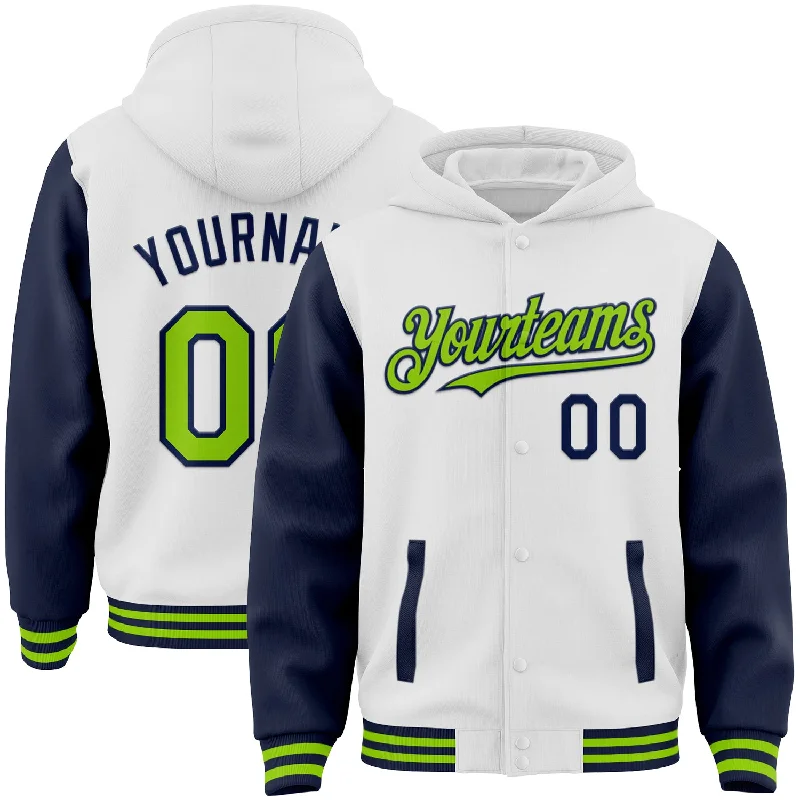 Fishing line high tension-Custom White Neon Green-Navy Bomber Full-Snap Varsity Letterman Two Tone Hoodie Jacket