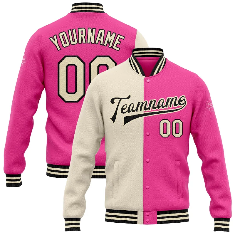 Fishing line spool grip-Custom Pink Cream-Black Bomber Full-Snap Varsity Letterman Split Fashion Jacket