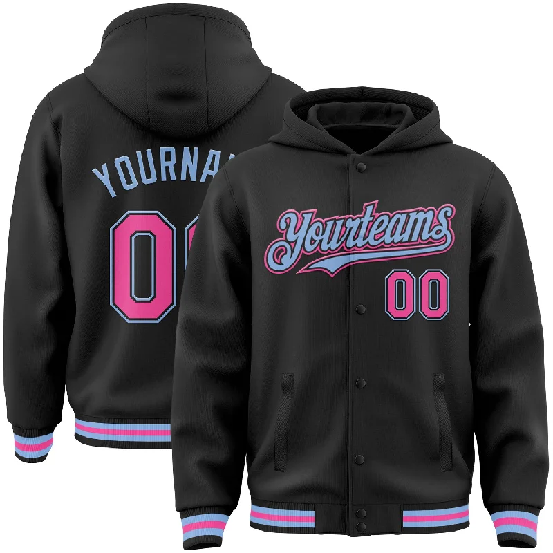 Fishing reel fast tension-Custom Black Pink-Light Blue Bomber Full-Snap Varsity Letterman Hoodie Jacket