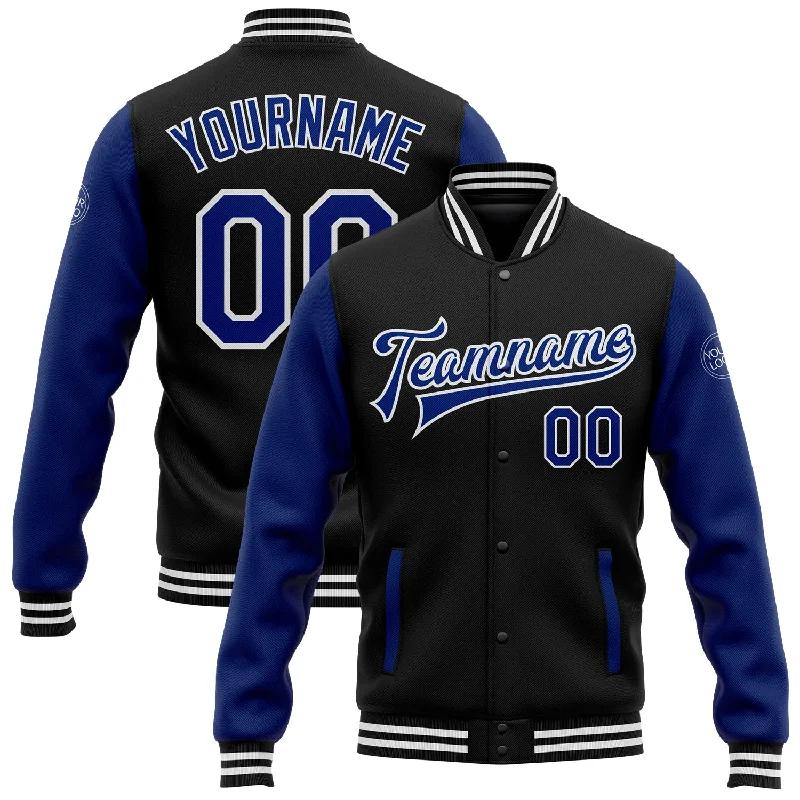 Fishing hook quick hook-Custom Black Royal-White Bomber Full-Snap Varsity Letterman Two Tone Jacket