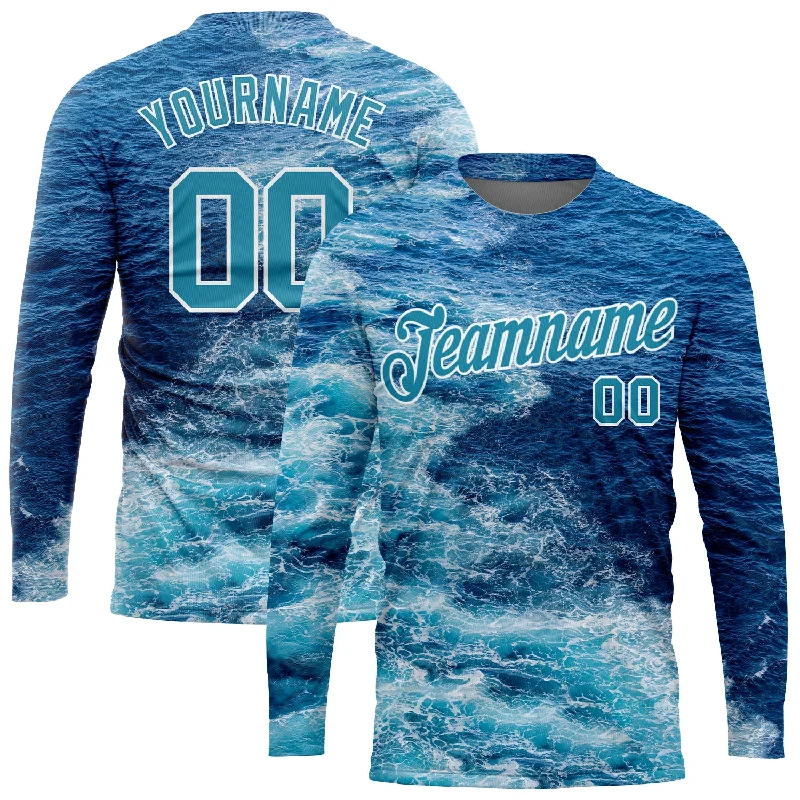 Fishing rod bank rack-Custom Lakes Blue Royal-White 3D Sea Wave Fishing Long Sleeve Performance T-Shirt