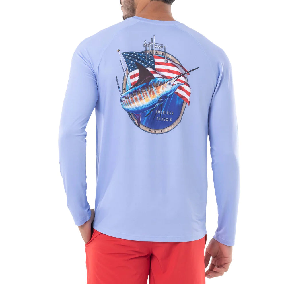 Fishing reel quick spool-Guy Harvey Men's American Classic Performance Raglan Sun Protection Top