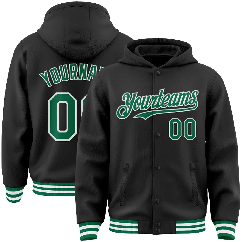 Fishing reel quick power-Custom Black Kelly Green-White Bomber Full-Snap Varsity Letterman Hoodie Jacket