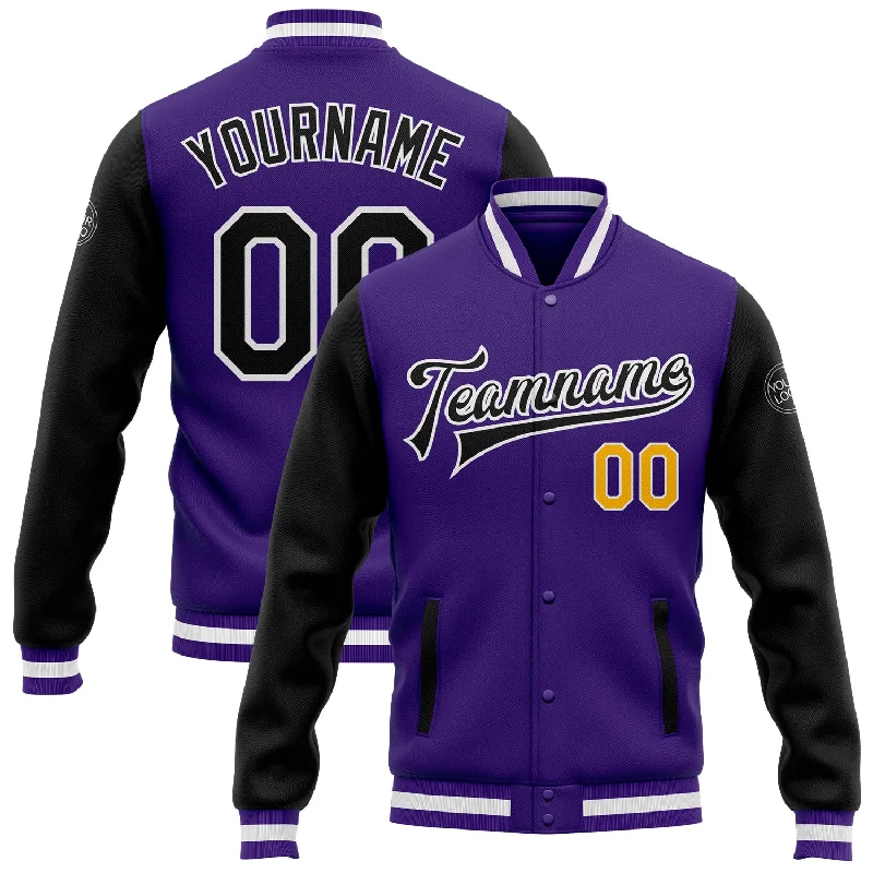 Fishing hook eye cleaner-Custom Purple Black-Gold Bomber Full-Snap Varsity Letterman Two Tone Jacket