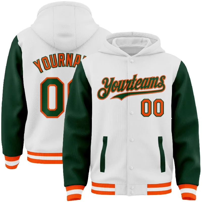 Fishing reel precision reach-Custom White Green-Orange Bomber Full-Snap Varsity Letterman Two Tone Hoodie Jacket