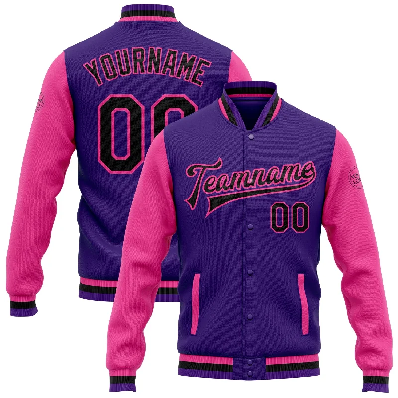 Fishing line durable grip-Custom Purple Black-Pink Bomber Full-Snap Varsity Letterman Two Tone Jacket