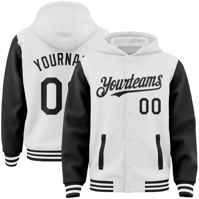 Fishing rod sturdy rack-Custom White Black Bomber Full-Snap Varsity Letterman Two Tone Hoodie Jacket