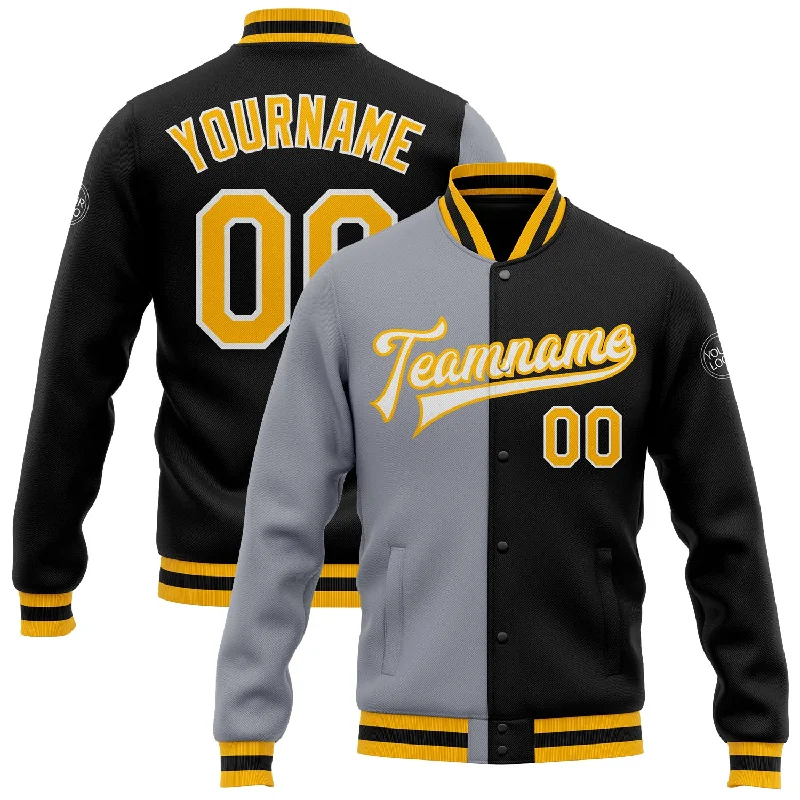 Fishing rod bank combo-Custom Black Gold-Gray Bomber Full-Snap Varsity Letterman Split Fashion Jacket