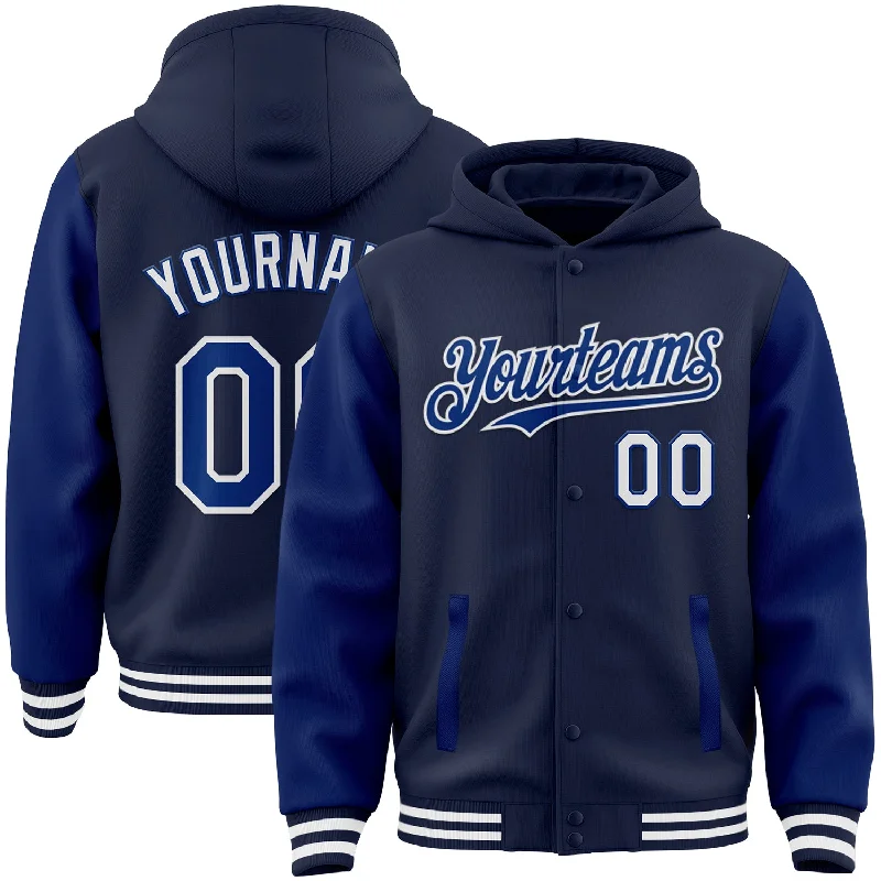 Fishing reel quick retrieve-Custom Navy Royal-White Bomber Full-Snap Varsity Letterman Two Tone Hoodie Jacket