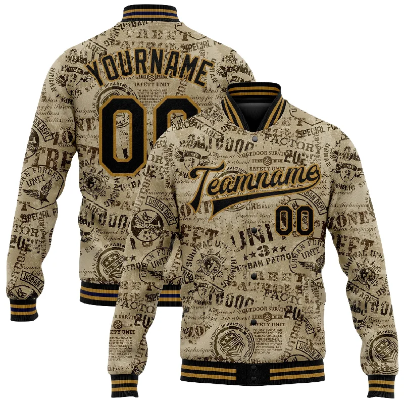 Fishing rod quick mount-Custom Olive Black-Old Gold Military Badge 3D Pattern Design Bomber Full-Snap Varsity Letterman Salute To Service Jacket