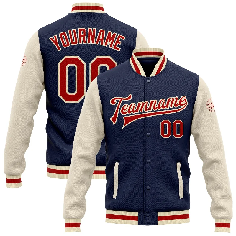 Fishing bait cutting board-Custom Navy Red-Cream Bomber Full-Snap Varsity Letterman Two Tone Jacket