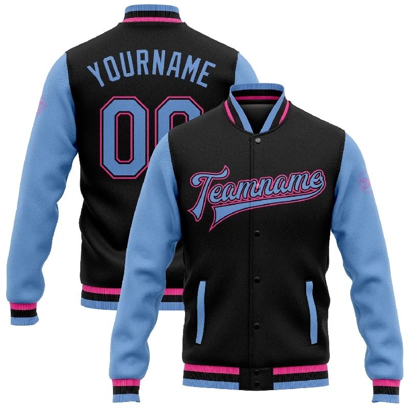 Fishing rod surf holder-Custom Black Light Blue-Pink Bomber Full-Snap Varsity Letterman Two Tone Jacket