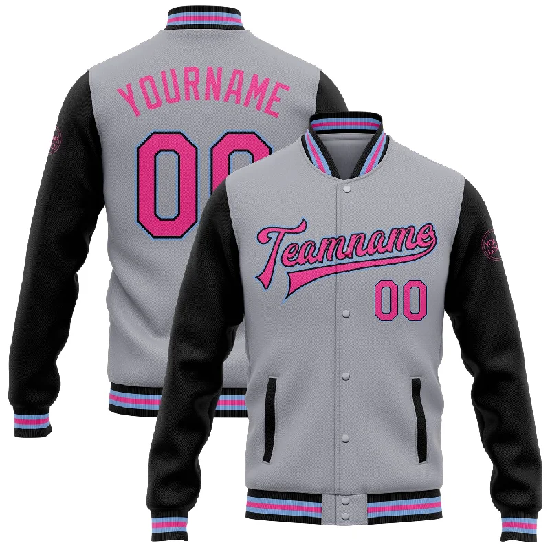 Fishing rod durable grip-Custom Gray Pink Black-Light Blue Bomber Full-Snap Varsity Letterman Two Tone Jacket