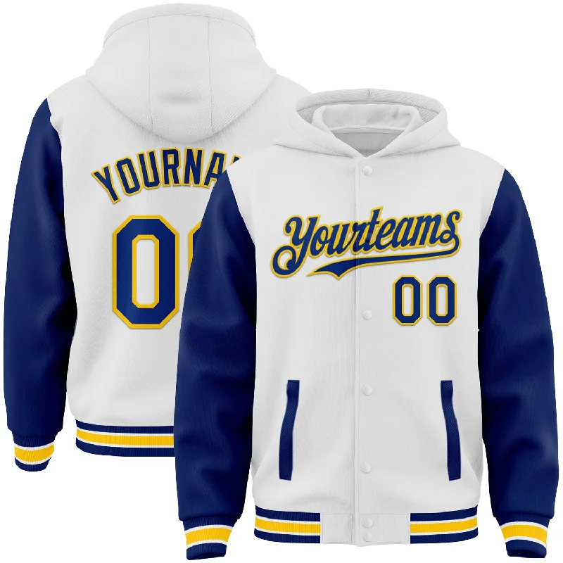 Fishing rod quick rack-Custom White Royal-Yellow Bomber Full-Snap Varsity Letterman Two Tone Hoodie Jacket