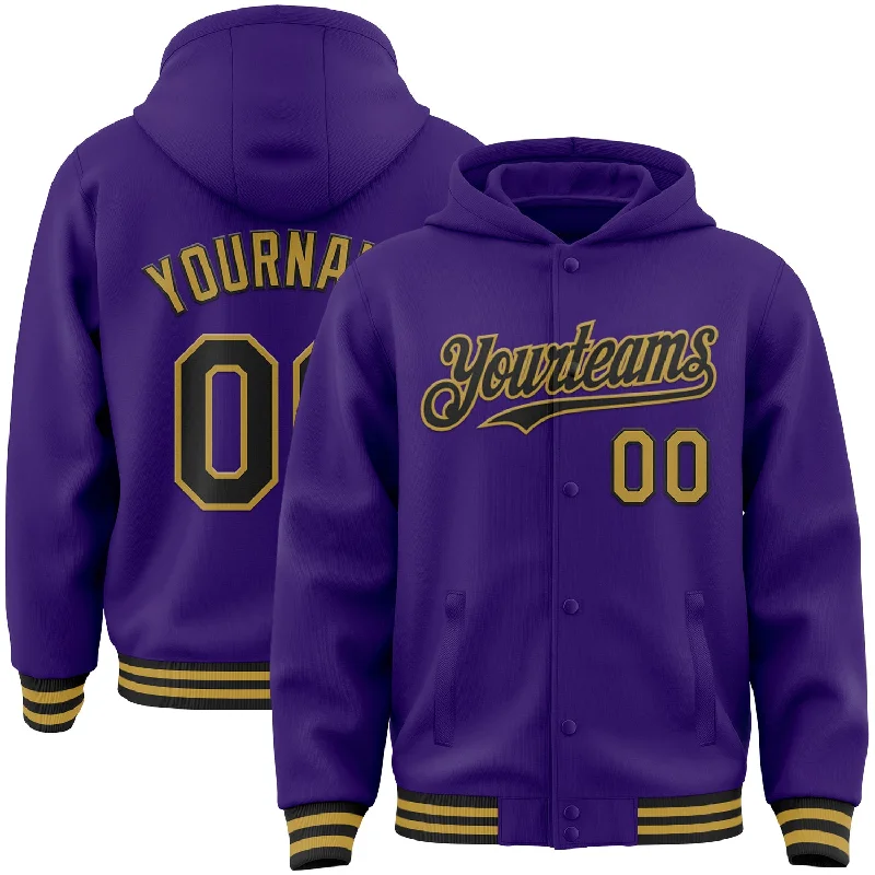 Fishing reel precision cast-Custom Purple Black-Old Gold Bomber Full-Snap Varsity Letterman Hoodie Jacket