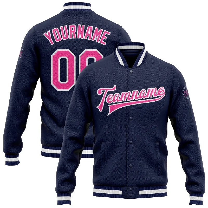 Fishing tackle waterproof bag-Custom Navy Pink-White Bomber Full-Snap Varsity Letterman Jacket